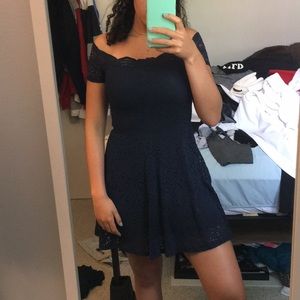 Navy blue lace off the shoulder dress